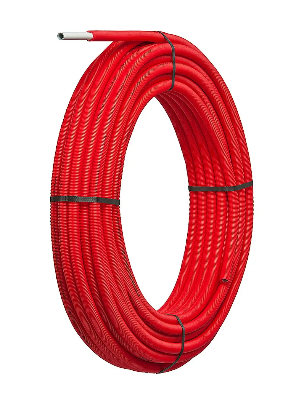Rot gewickelter Schlauch mit glatter Oberflächenstruktur, sichtbar in einem Schutzring, hergestellt von Fränkische, für Mehrschichtverbindungen.